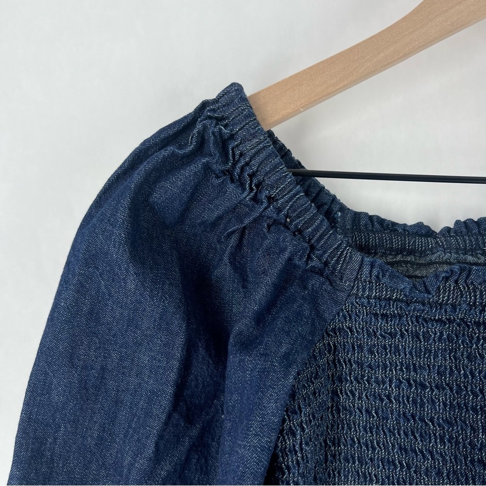 J. Crew Dark Blue Chambray Smocked Puff Sleeve Top Peasant Milkmaid - Picture 4 of 12
